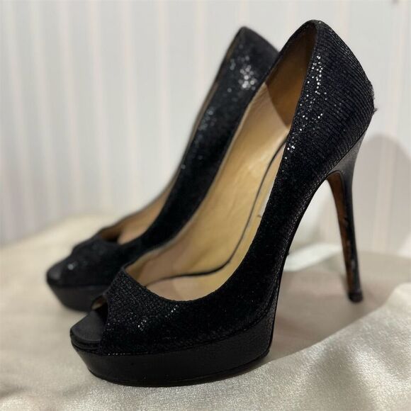 Jimmy Choo Black Glitter Peep Toe Platform Pumps Size 7 US Heels Made in Italy - Picture 2 of 15